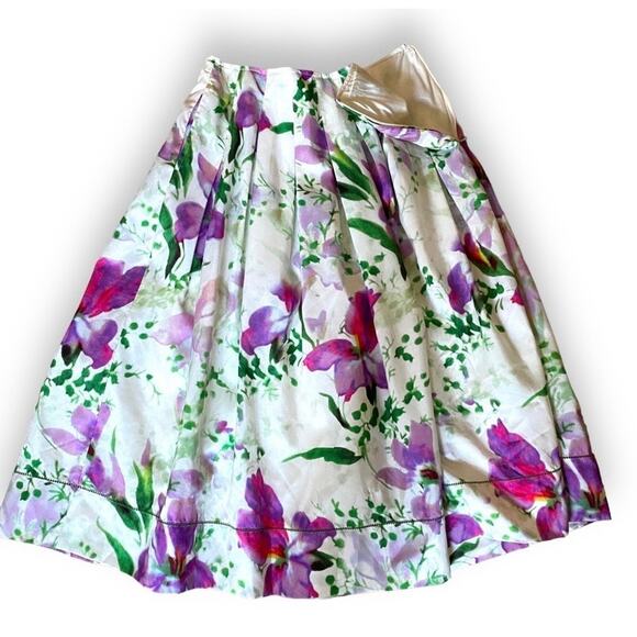 Anthropologie Floral A Line Midi Skirt Wmn's 6Ivory Purple Pastel Easter Pretty